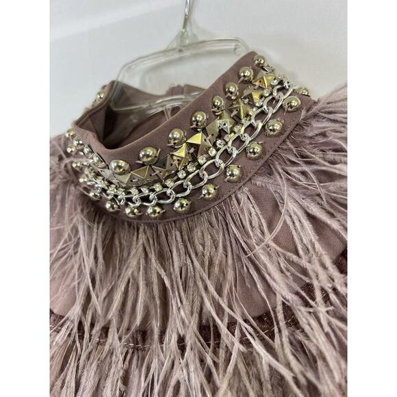 Gracia Taupe Stretch Short Sleeve Blouse with Ostrich Feather Trim Women’s S - Picture 4 of 12